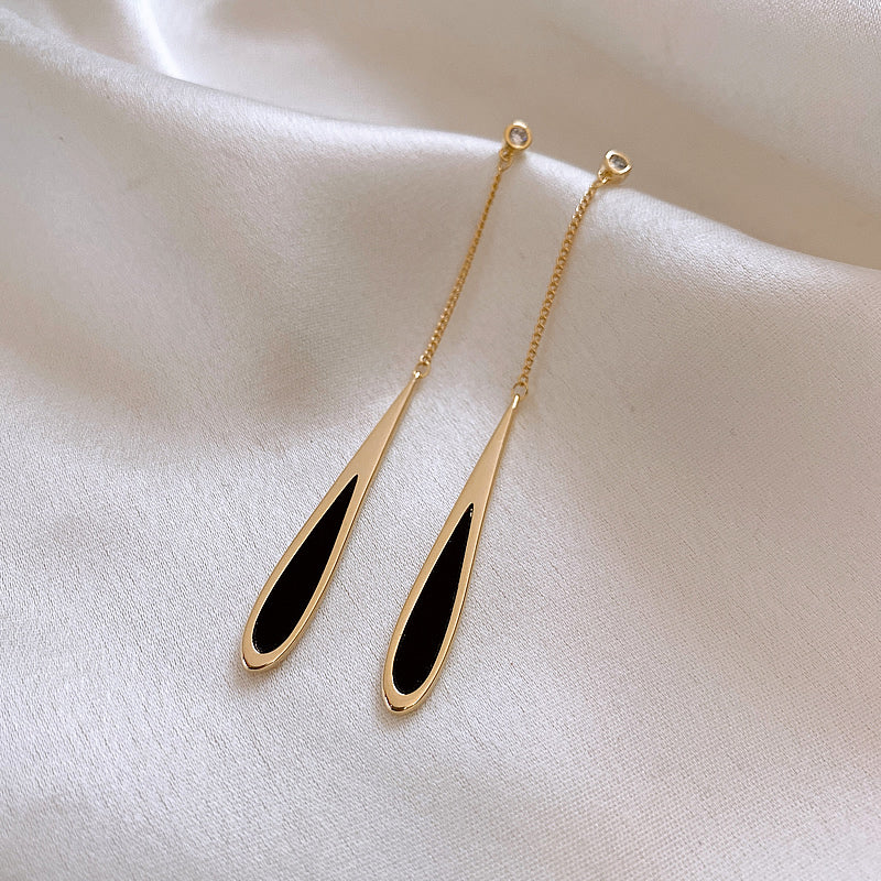 Black Water Drop Tassel Earrings–Long Gold & Black Drop Earrings, Elegant Banquet Statement Jewellery