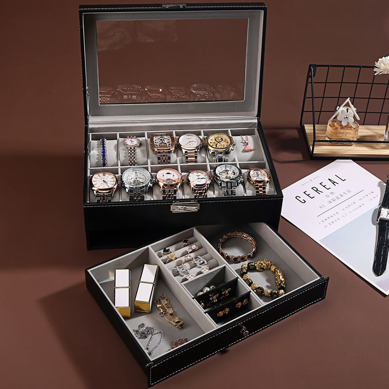 Watch & Jewelry Storage Box–Double Layer Display Case with Glass Window, 12 Slot Watch Organiser (Luxury Jewellery Box)