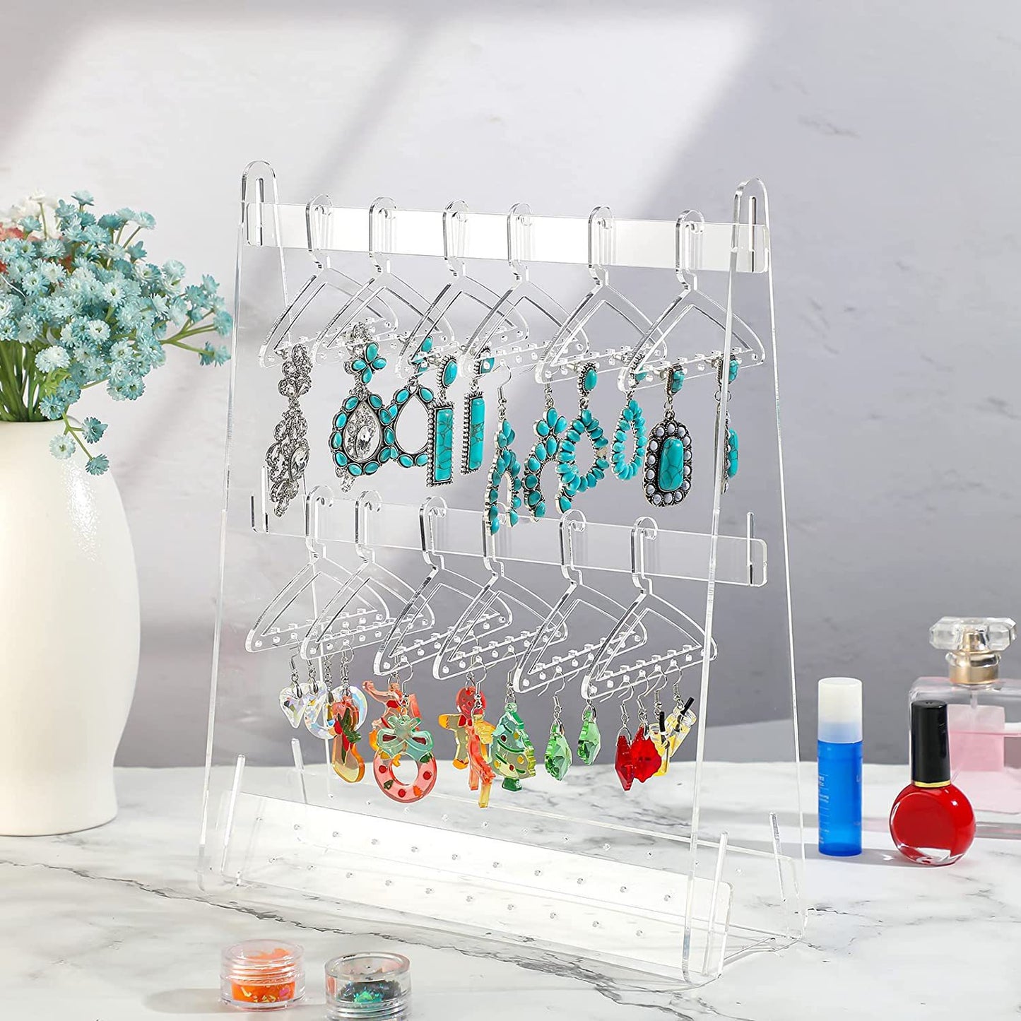 Acrylic Jewelry Stand Organiser–Earring & Necklace Display Holder with 16 Hangers, Modern Jewellery Storage Box (Colorful/Transparent)