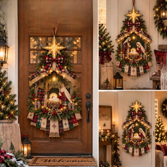 Light-Up Christmas Nativity Door Hanging - Wool Yarn Christmas Wreath & Wall Decoration