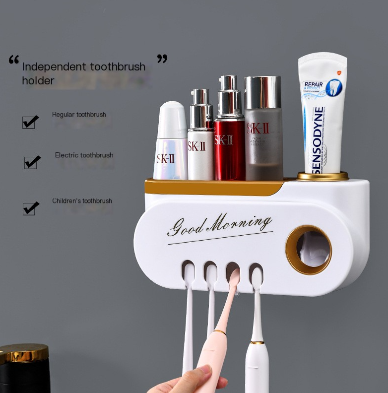 Luxury Toothbrush Holder with Toothpaste Dispenser-Wall Mounted Bathroom Organiser-Automatic Toothpaste Squeezer Set