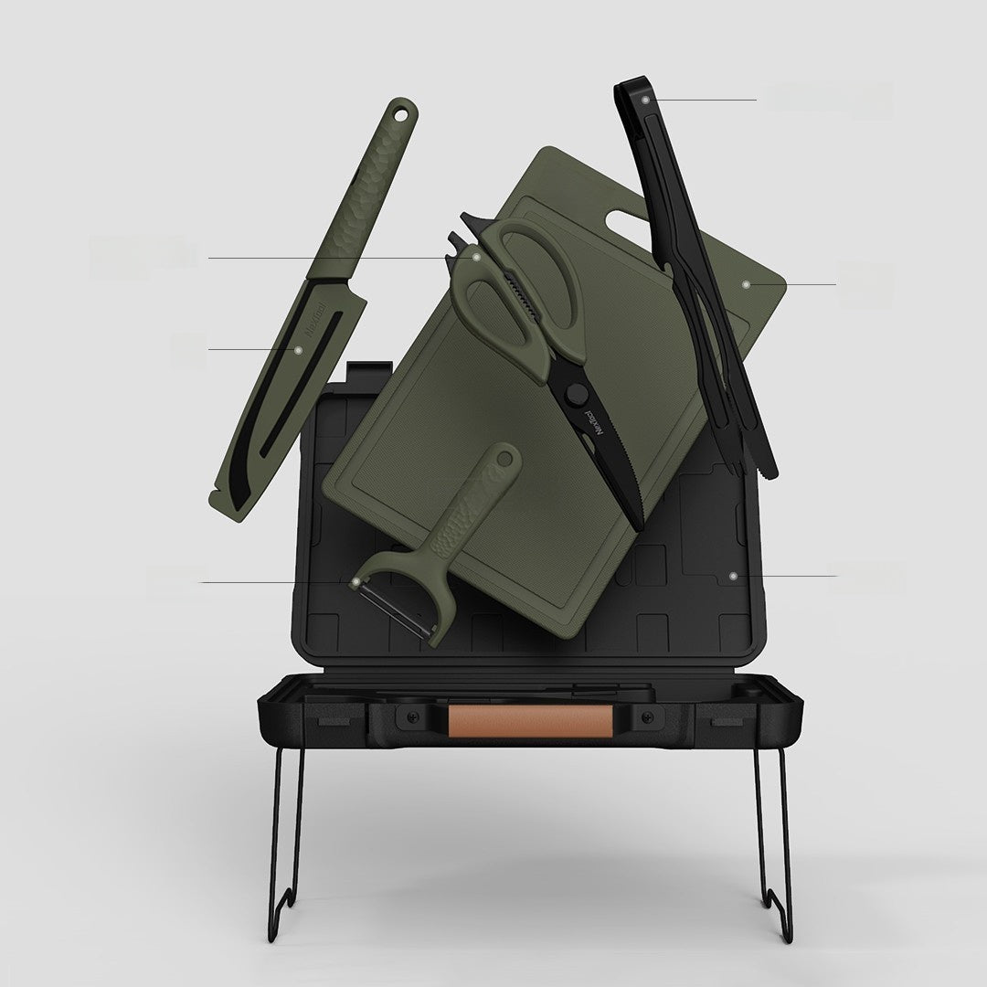 Portable BBQ Tool Box Set - Camping Barbecue Cooking Kit with Cutting Board & Accessories