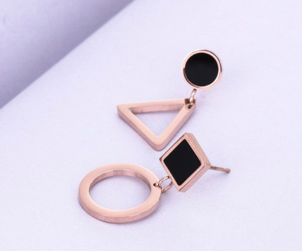 Titanium Steel Geometric Earrings–Rose Gold Asymmetrical Drop Earrings, Modern Triangle & Circle Statement Jewellery