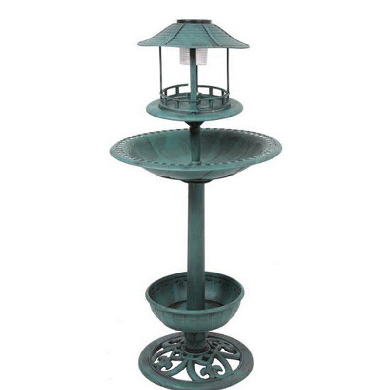 Solar Bird Bath & Feeder with LED Light - Antique Outdoor Garden Bird Station