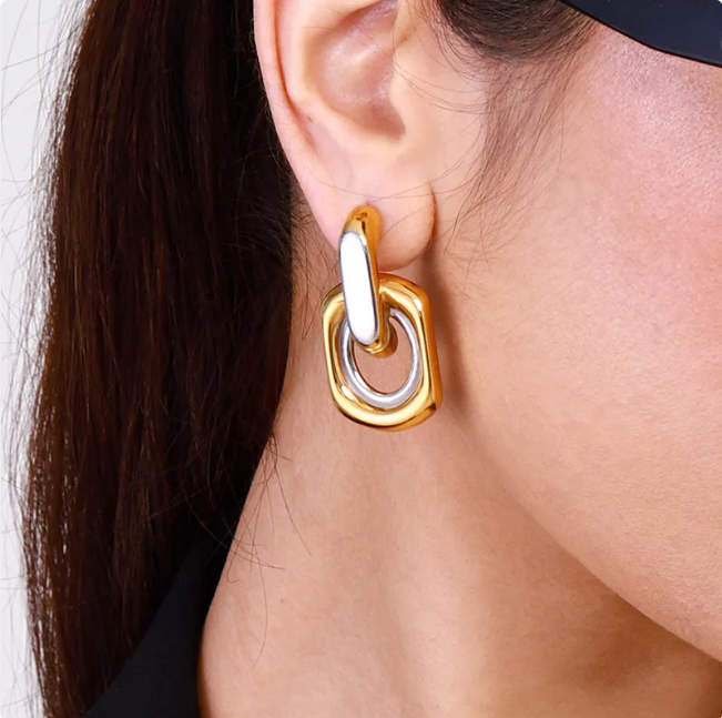 Two-Tone Stainless Steel Hoop Earrings–Geometric Round Stud Hoops, Electroplated Contrast Colour Jewellery