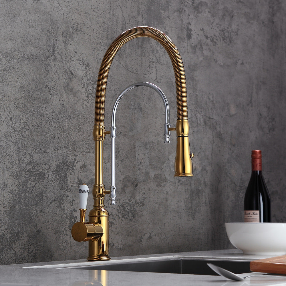 Luxury Copper Kitchen Mixer Tap - Pull-Down Spring Kitchen Faucet with Multifunction Spray Head & Hot Cold Water Control