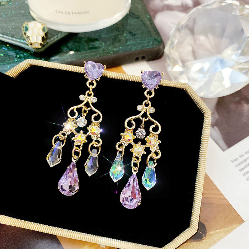 Water Drop Crystal Tassel Earrings–Long Gold Drop Earrings, Korean Style Sparkling Statement Jewellery