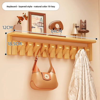 Solid Wood Piano Key Wall Hook Rack with Shelf - Entryway Coat & Key Organiser