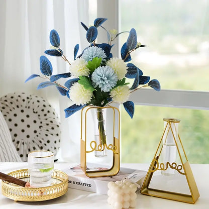 Nordic Glass Flower Vase–Hydroponic Metal Frame Vase for Living Room, Desktop & Modern Home Décor
