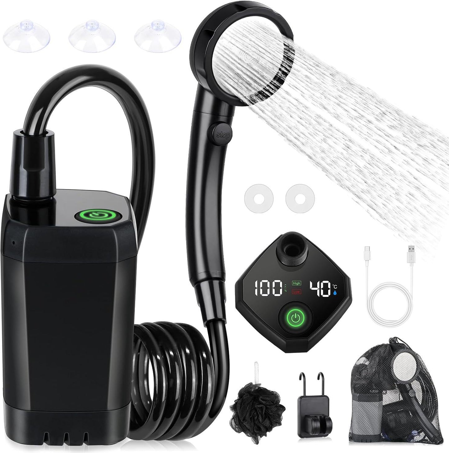 Portable Rechargeable Camping Shower–High-Pressure Outdoor Shower With Digital Temperature Display