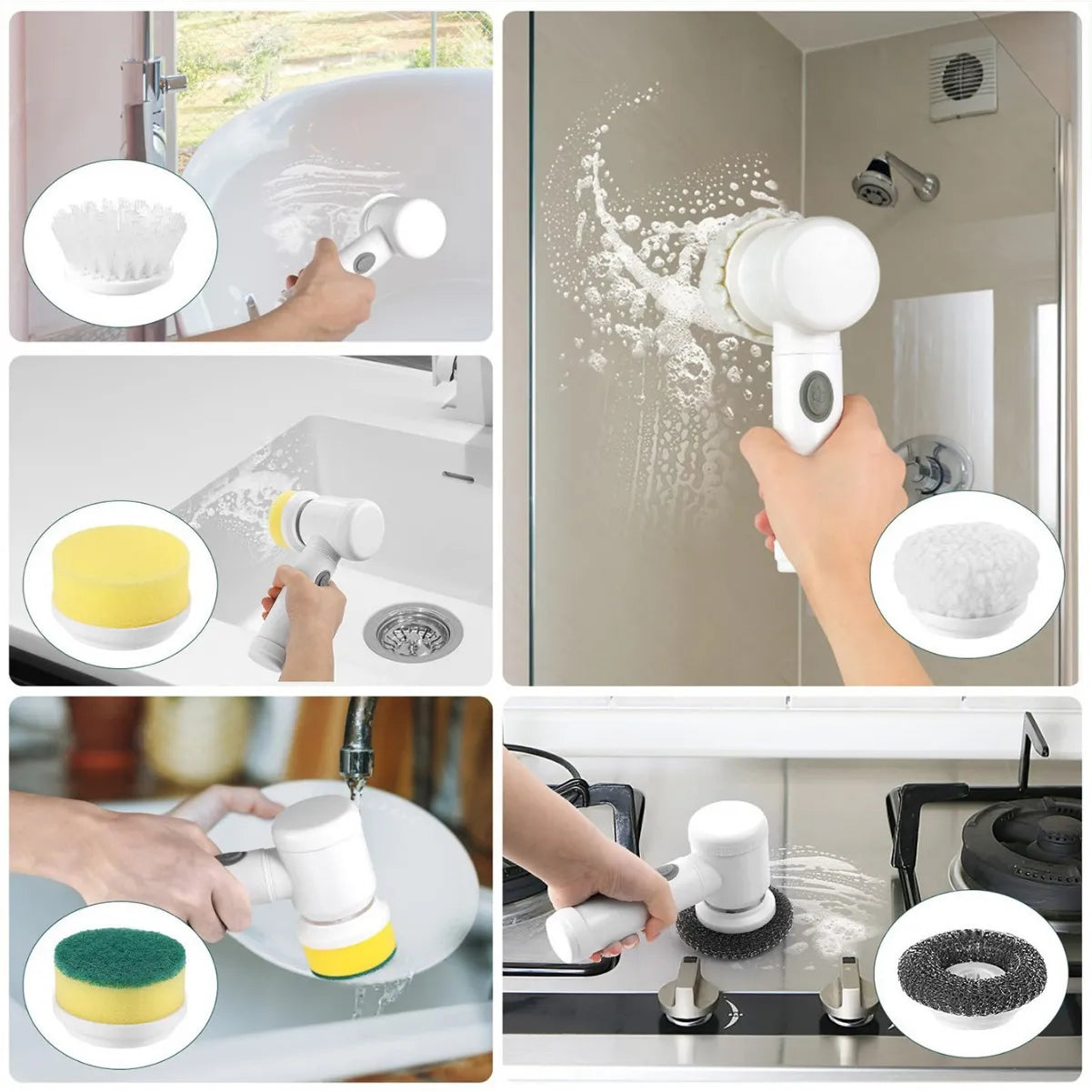 Multifunction Electric Cleaning Brush-Rechargeable Spin Scrubber with 5 Interchangeable Heads-Portable Household Cleaning Tool