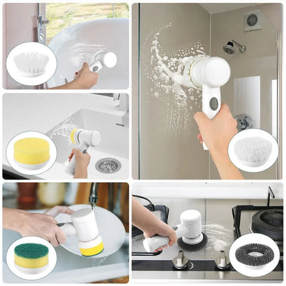 Multifunction Electric Cleaning Brush-Rechargeable Spin Scrubber with 5 Interchangeable Heads-Portable Household Cleaning Tool