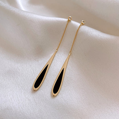 Black Water Drop Tassel Earrings–Long Gold & Black Drop Earrings, Elegant Banquet Statement Jewellery