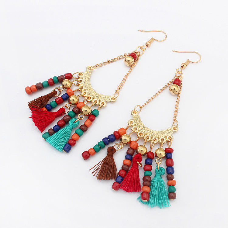 Water Drop Gemstone Tassel Earrings–Long Alloy Drop Earrings with Crystal Stones, Statement Jewellery (Multicolor)