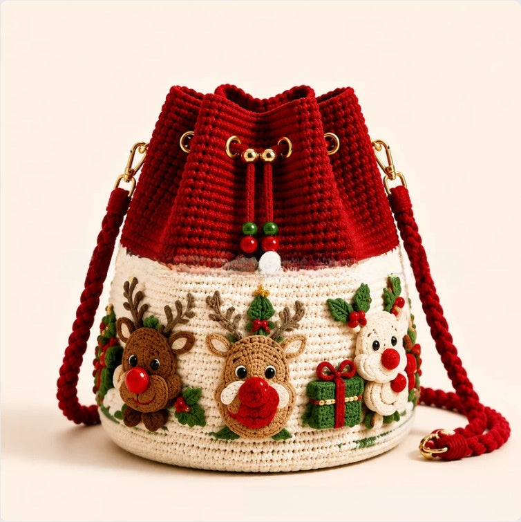 Handmade Crochet Christmas Gift Bag - Wool Yarn Drawstring Santa, Reindeer & Christmas Tree Hanging Decoration