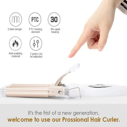 Three Barrel Curling Iron–Ceramic Ionic Hair Waver for Beach Waves & Voluminous Curls
