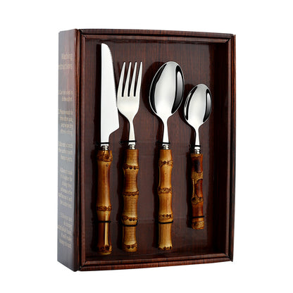 304 Stainless Steel Cutlery Set with Bamboo Handles–Luxury Gold & Silver Flatware Set, Modern Dining Tableware (20/24 Piece Set)
