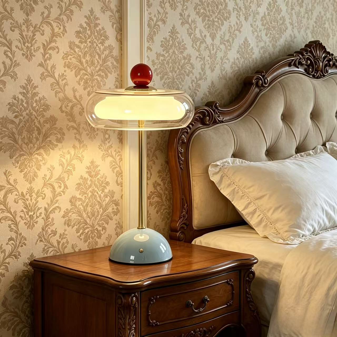 Vintage Rechargeable Glass Table Lamp - USB Touch Dimmable Mushroom LED Lamp