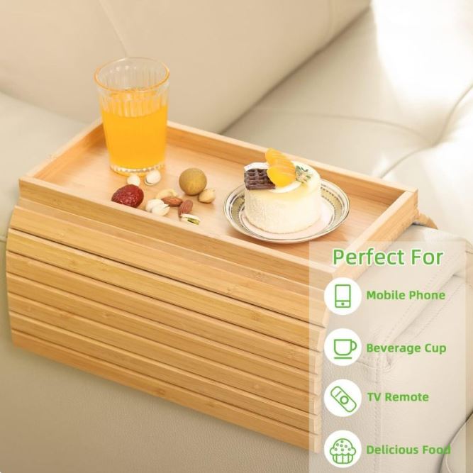 Foldable Sofa Arm Tray Table–Wooden Snack Tray, Drink Holder & Couch Organiser