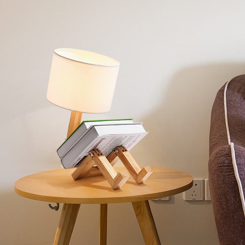 Wooden Robot Desk Lamp - Adjustable Nordic Bedside Table Lamp with Fabric Shade