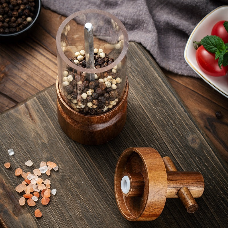 Acacia Wood Pepper Grinder–Wooden Salt & Pepper Mill with Acrylic Body, Manual Spice Grinder, Modern Kitchen & Dining Tool
