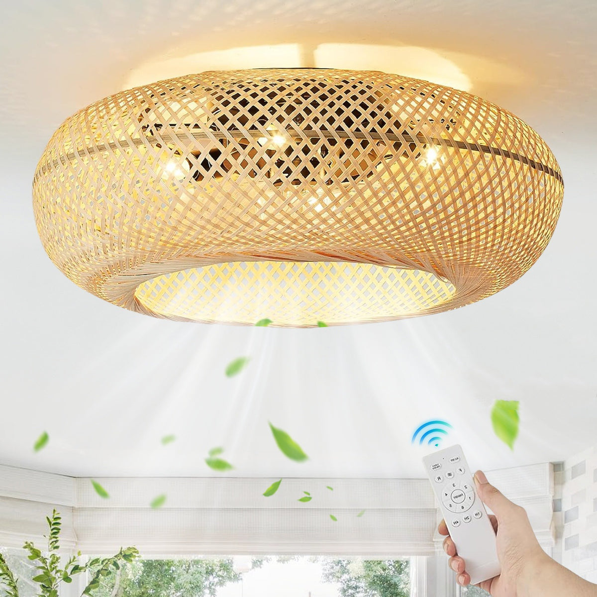 Bamboo Ceiling Fan with Light - Woven Construction 5 Blade Fan With Remote