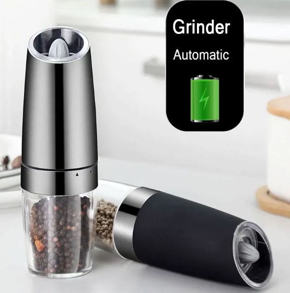 Automatic Gravity Electric Salt & Pepper Grinder–Adjustable Ceramic Spice Mill, LED Light, Stainless Steel/ABS Kitchen Grinder Set