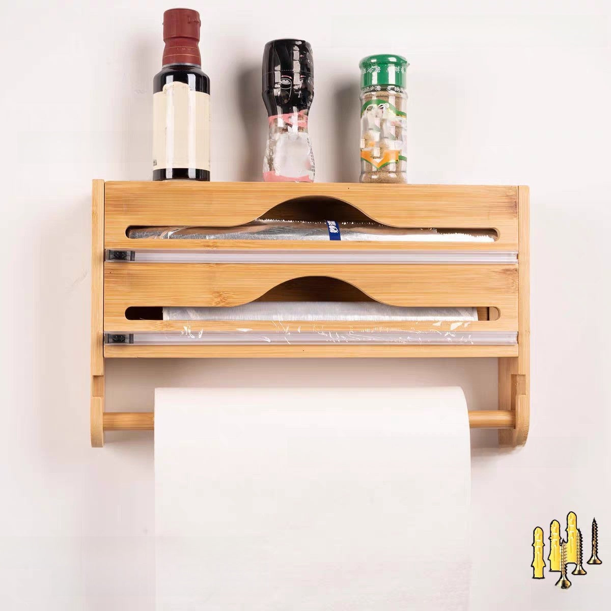 Wall-Mounted Kitchen Wrap Organiser–Wooden Storage & Foil Cutter Station