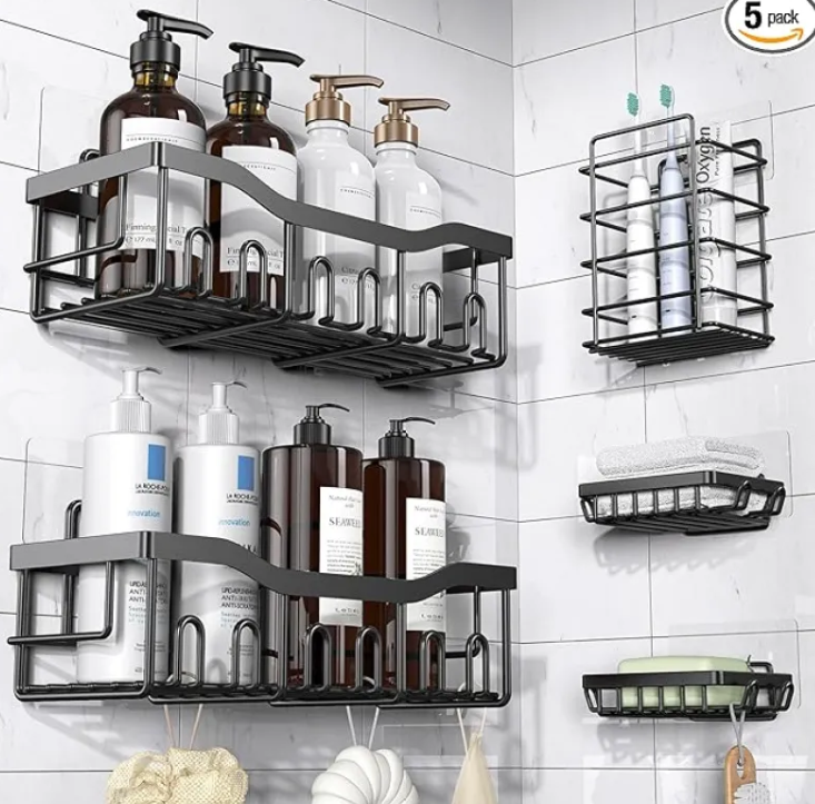 Wall Mounted Bathroom Storage Rack-No Drill Shower Shelf Organiser-Adhesive Bathroom Storage Shelf with Hooks