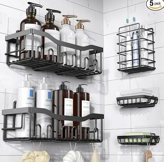 Wall Mounted Bathroom Storage Rack-No Drill Shower Shelf Organiser-Adhesive Bathroom Storage Shelf with Hooks