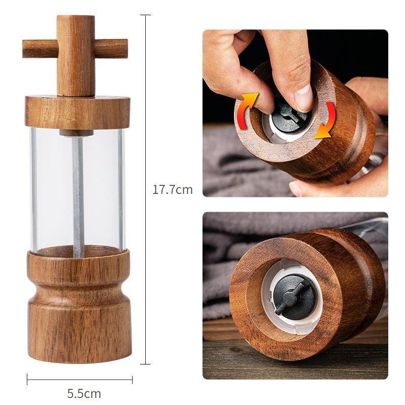 Acacia Wood Pepper Grinder–Wooden Salt & Pepper Mill with Acrylic Body, Manual Spice Grinder, Modern Kitchen & Dining Tool