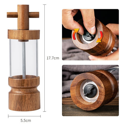 Acacia Wood Pepper Grinder–Wooden Salt & Pepper Mill with Acrylic Body, Manual Spice Grinder, Modern Kitchen & Dining Tool