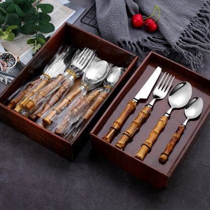 304 Stainless Steel Cutlery Set with Bamboo Handles–Luxury Gold & Silver Flatware Set, Modern Dining Tableware (20/24 Piece Set)