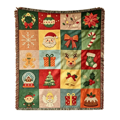 Retro Christmas Throw Blanket - 130 × 160cm Woven Jacquard Festive Sofa Blanket with Tassels