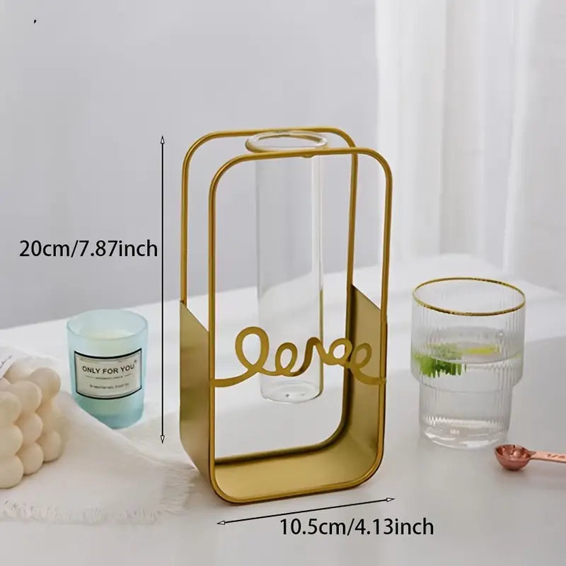 Nordic Glass Flower Vase–Hydroponic Metal Frame Vase for Living Room, Desktop & Modern Home Décor