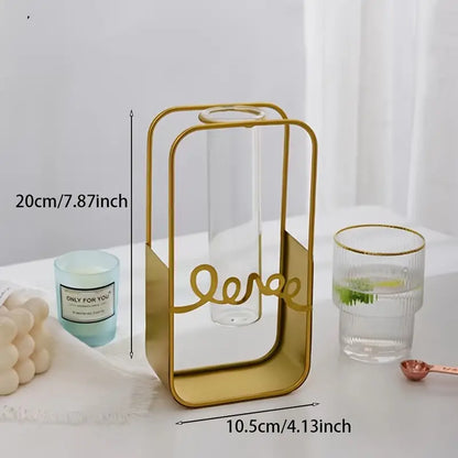 Nordic Glass Flower Vase–Hydroponic Metal Frame Vase for Living Room, Desktop & Modern Home Décor