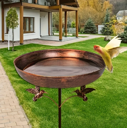 Rustic Iron Bird Bath & Feeder - Ground Stake Outdoor Garden Bird Feeding Station