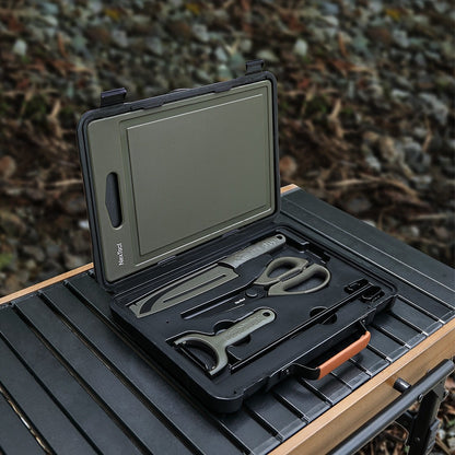 Portable BBQ Tool Box Set - Camping Barbecue Cooking Kit with Cutting Board & Accessories