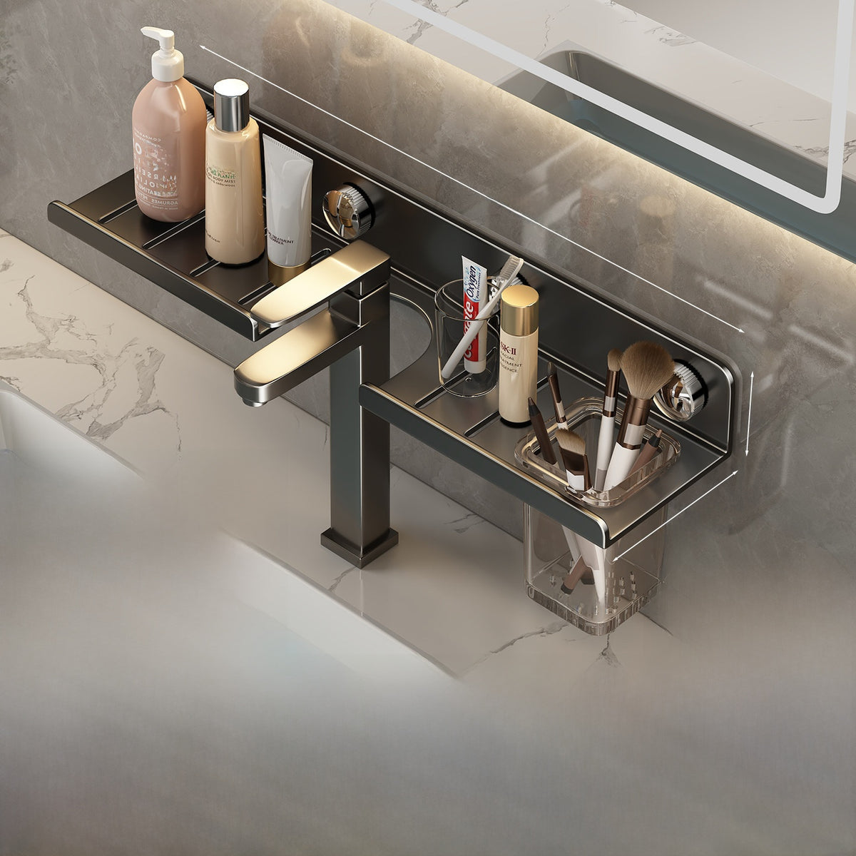 Suction Cup Bathroom Mirror with Storage Shelf - Wall Mounted No-Drill Bathroom Organiser in Gun Grey