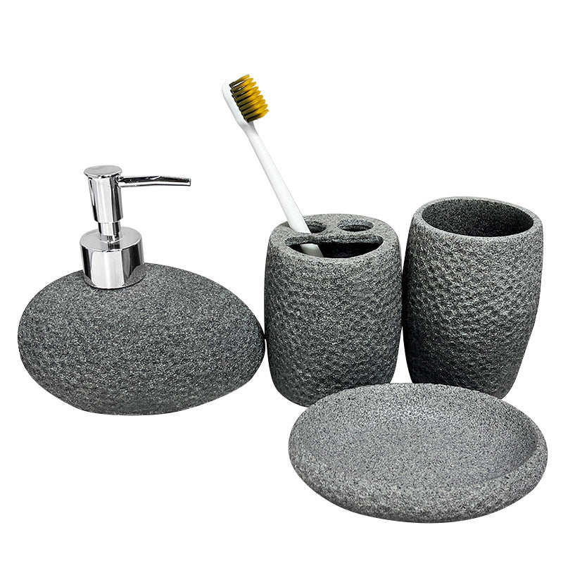 4 Piece Resin Bathroom Accessories Set - Sandstone Soap Dispenser, Toothbrush Holder, Tumbler & Tray