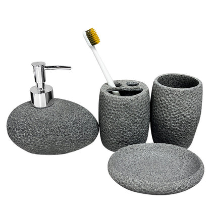 4 Piece Resin Bathroom Accessories Set - Sandstone Soap Dispenser, Toothbrush Holder, Tumbler & Tray