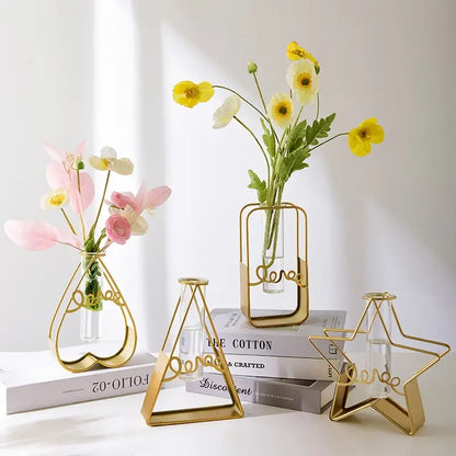 Nordic Glass Flower Vase–Hydroponic Metal Frame Vase for Living Room, Desktop & Modern Home Décor