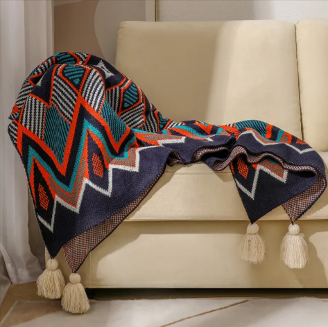 Bohemian Geometric Sofa Cover Blanket–Decorative Tassel Throw for Sofa, Bed & Home Décor