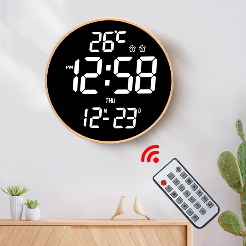 12 Inch Bamboo LED Digital Wall Clock - Remote Control Calendar, Temperature & Alarm Display