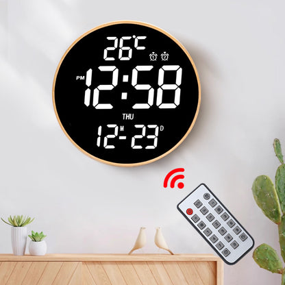 12 Inch Bamboo LED Digital Wall Clock - Remote Control Calendar, Temperature & Alarm Display