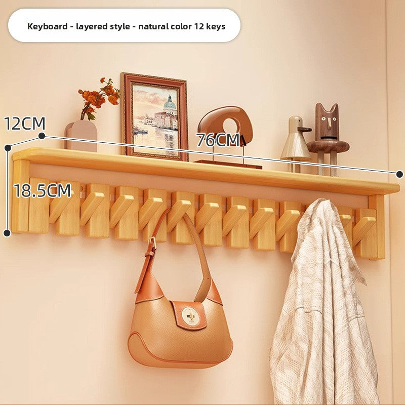 Solid Wood Piano Key Wall Hook Rack with Shelf - Entryway Coat & Key Organiser