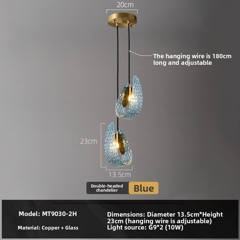 French Blue Glass Chandelier - Luxury Copper LED Pendant Light
