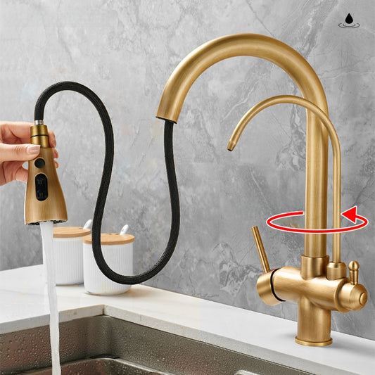 3 Way Kitchen Mixer Tap - Antique Brass Pull Out Filter Hot & Cold Water Faucet