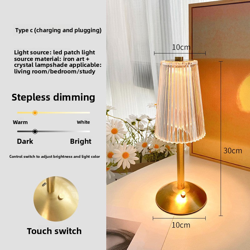 Rechargeable Crystal LED Table Lamp - Touch Control Cordless Bedside Night Light