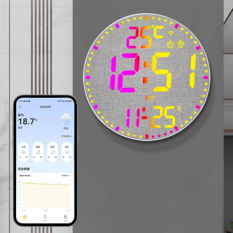 12 Inch Bamboo LED Digital Wall Clock - Remote Control Calendar, Temperature & Alarm Display